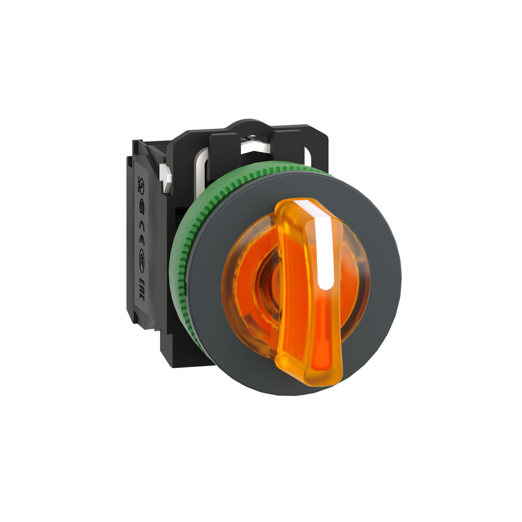 XB5FK135B5 – Illuminated selector switch, Harmony XB5, grey plastic, orange handle, 30mm, universal LED, 3 positions, 1NO   1NC, 24V AC DC