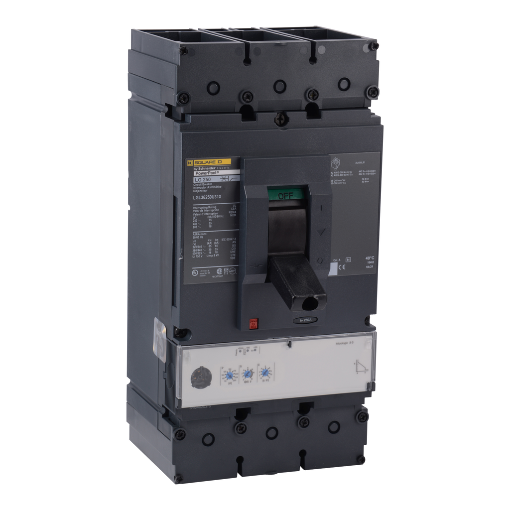 LGL36250CU31X – Circuit breaker, PowerPacT L, 250A, 3 pole, 600VAC, 18kA, lugs, MicroLogic 3.3, 100%