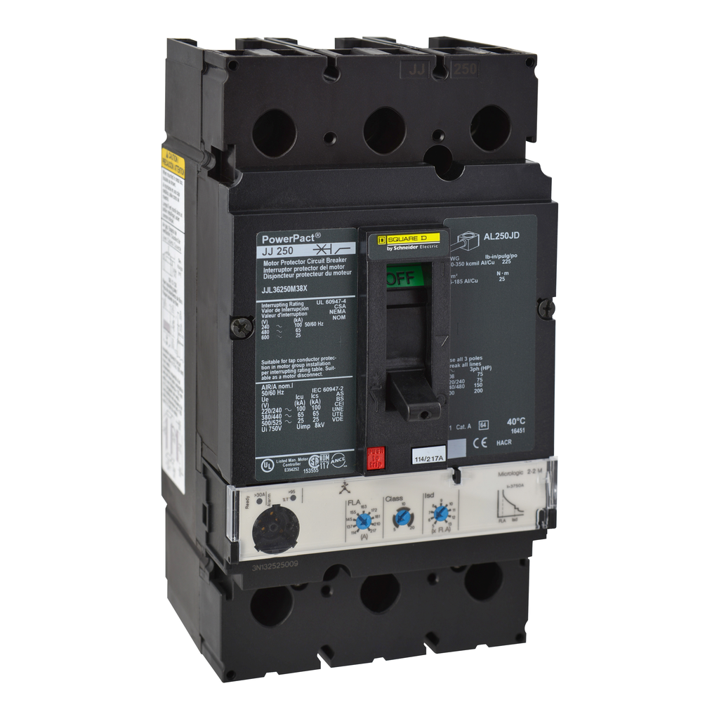 JJL36250M38X – Motor circuit protector, PowerPacT J, 250A, 3 pole, 600VAC, 25kA, lugs, Micrologic 2.2, 80%