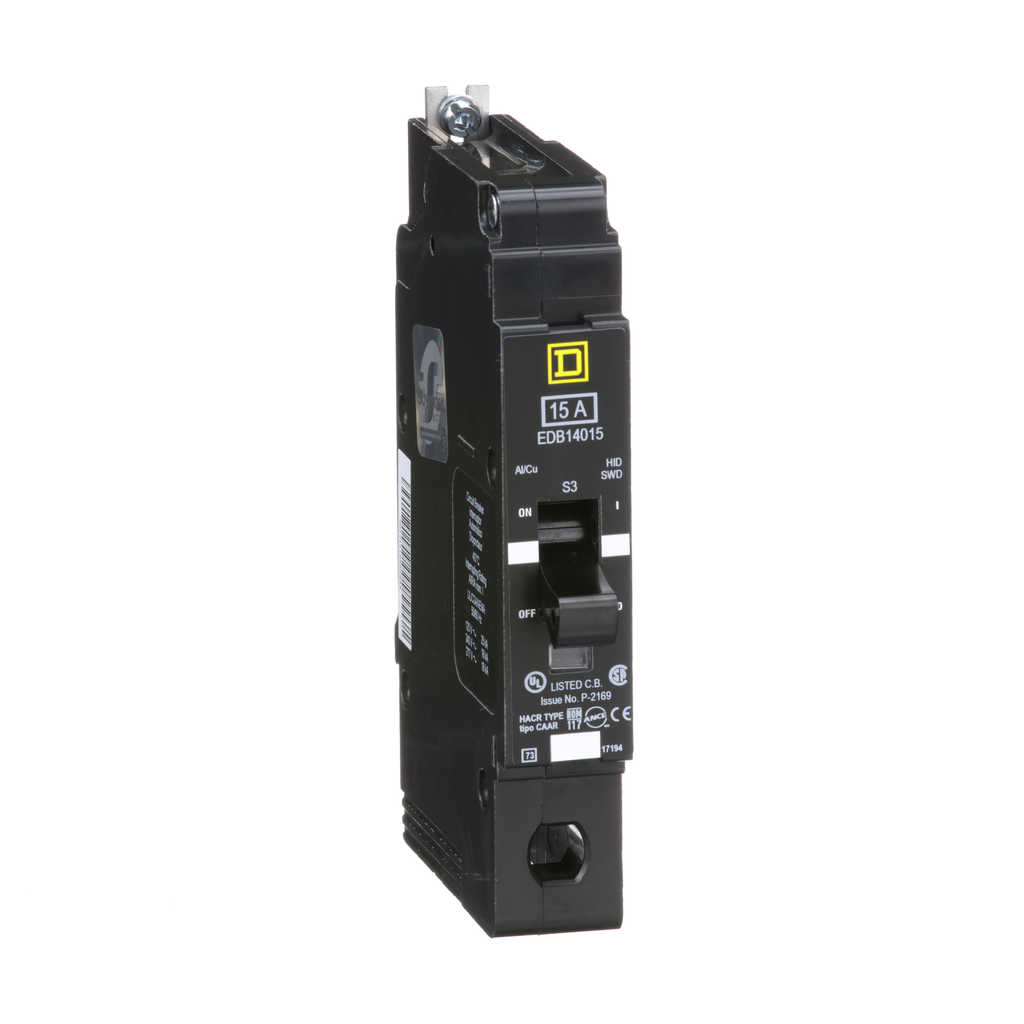 EDB14015 – Mini circuit breaker, E-Frame, 15A, 1 pole, 277VAC, 25kA max, bolt on