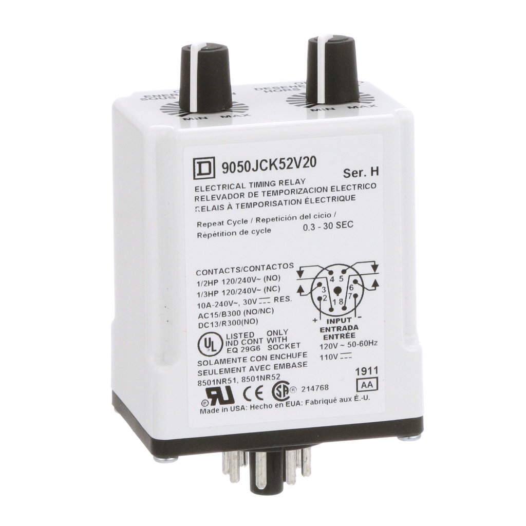 9050JCK52V20 – Timing Relay, Type JCK, plug In, repeat cycle, adjustable time, 0.3 to 30 seconds, 10A, 240 VAC, 120 VAC/110 VDC