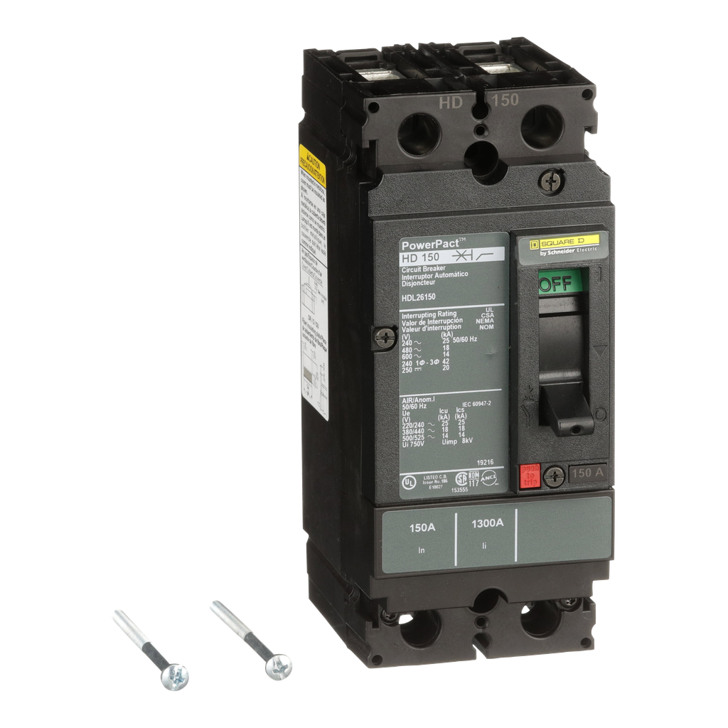 HDL26150 – Circuit breaker, PowerPacT H, 150A, 2 pole, 600VAC, 14kA, lugs, thermal magnetic, 80%