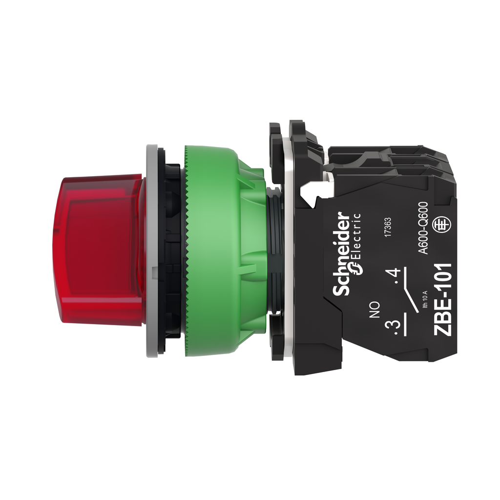 XB5FK124B5C0 – Illuminated selector switch, Harmony XB5, grey bezel, red handle, universal LED, 2 positions, 1NO   1NC, 24V AC DC