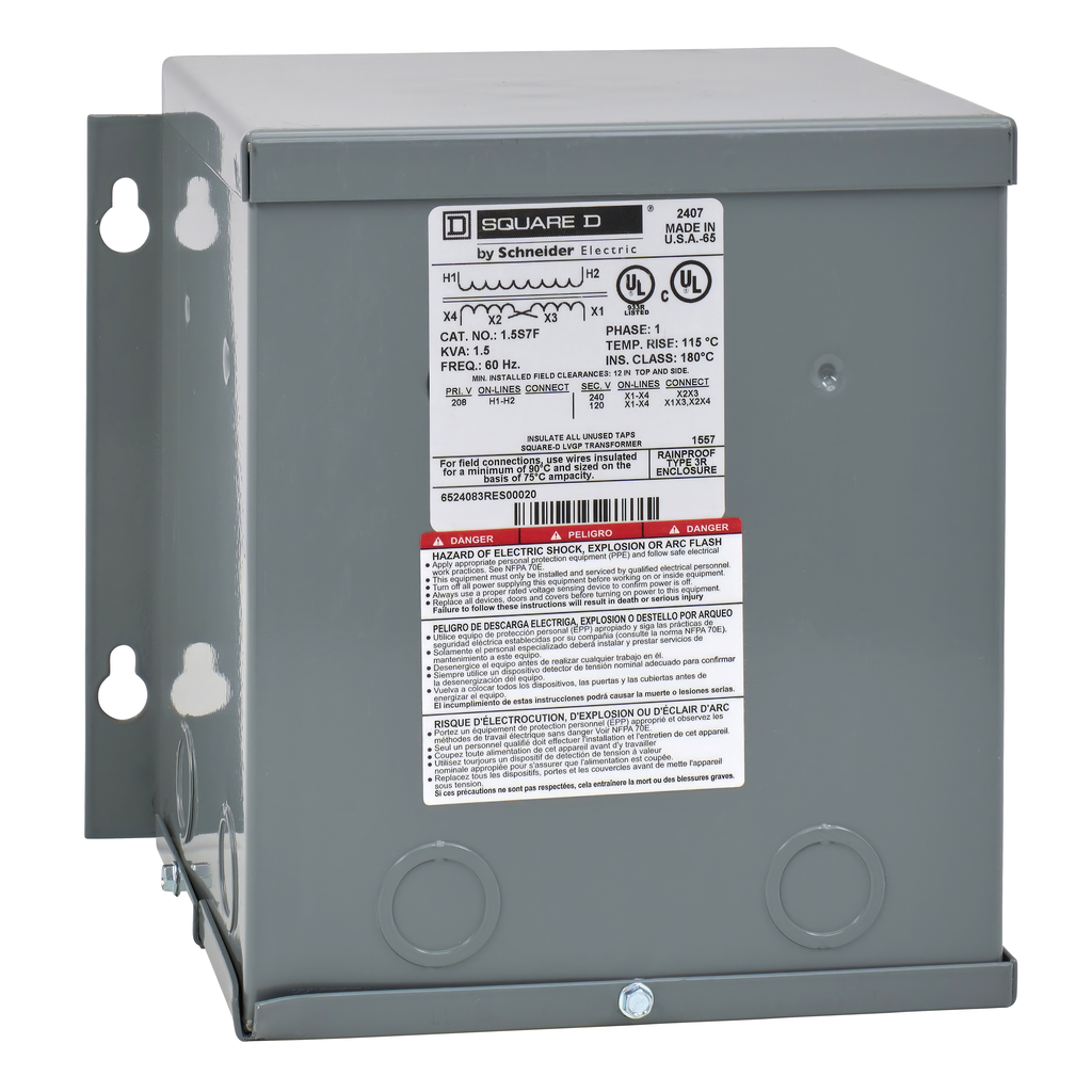1.5S7F – Transformer, dry type, encapsulated, 1.5kVA, 1 phase, 208V primary, 120/240V secondary, 8A, 115C rise