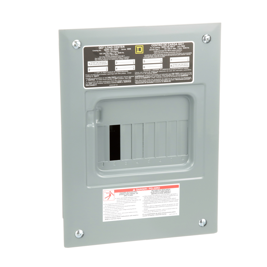 QO612L100F – Load center, QO, 1 phase, 6 spaces, 12 circuits, 100A fixed main lugs, NEMA1, flush cover