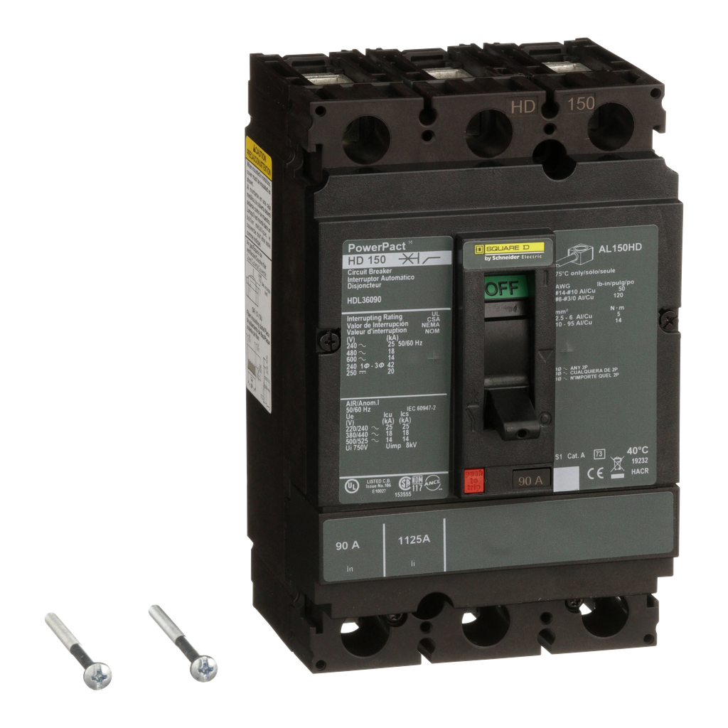 HDL36090 – Circuit breaker, PowerPacT H, 90A, 3 pole, 600VAC, 14kA, lugs, thermal magnetic, 80%