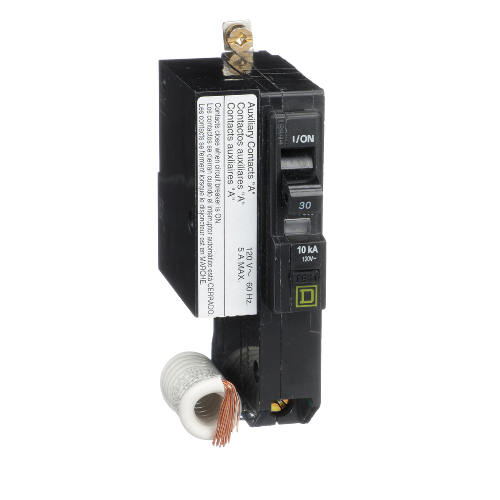 QOB130EPD1200 – Mini circuit breaker, QO, 30A, 1 pole, 120VAC, 10kA, bolt on, 30mA grd fault B, aux switch 1A