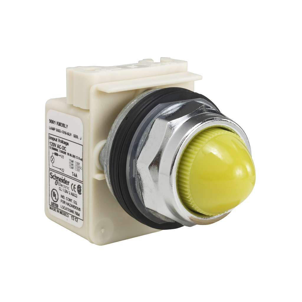 Product image for Square D 9001KP38LYY9 30 mm 120 VAC/VDC Yellow Lens Metal Bezel LED Standard Round Pilot Light