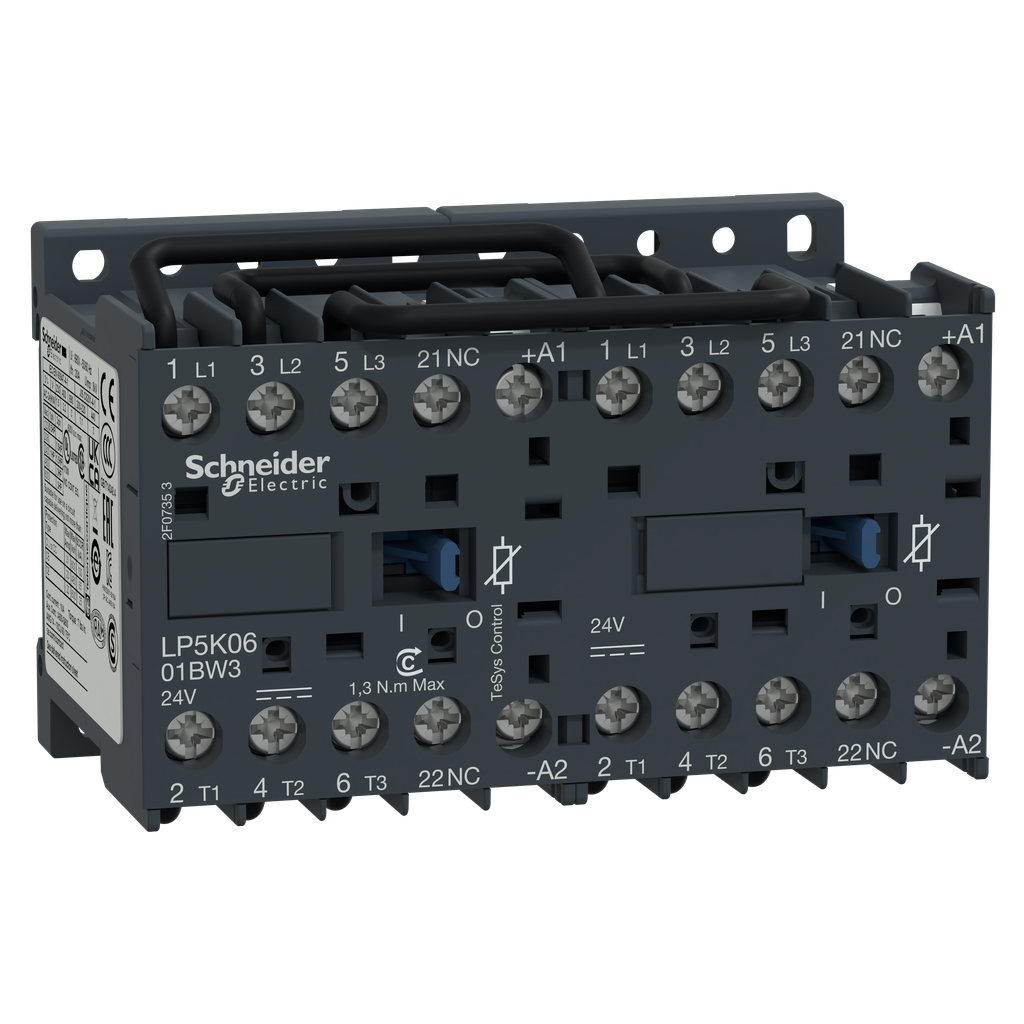 LP5K0601BW3 – Reversing contactor, TeSys K, 3P, AC-3, lt or eq to 440V 6A, 1 NC, 24VDC coil