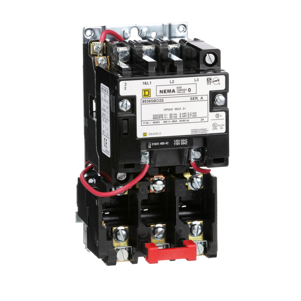 8536SBO2V02S – NEMA motor starter, Type S, nonreversing, Size 0, 18A, 5HP at 460VAC, 5kA SCCR, 3 phase, 3 pole, melting alloy, 120VAC coil, open