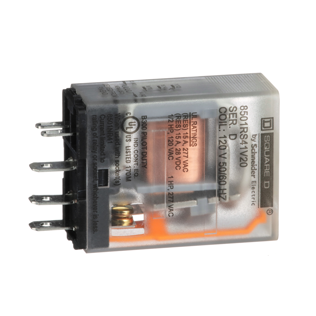 8501RS41V20 – Miniature Relay, Harmony 8501R, SPDT, 5 blades, coil, 15A resistive at 120V AC, 1HP at 277V AC, 120V AC, 1NO  1NC