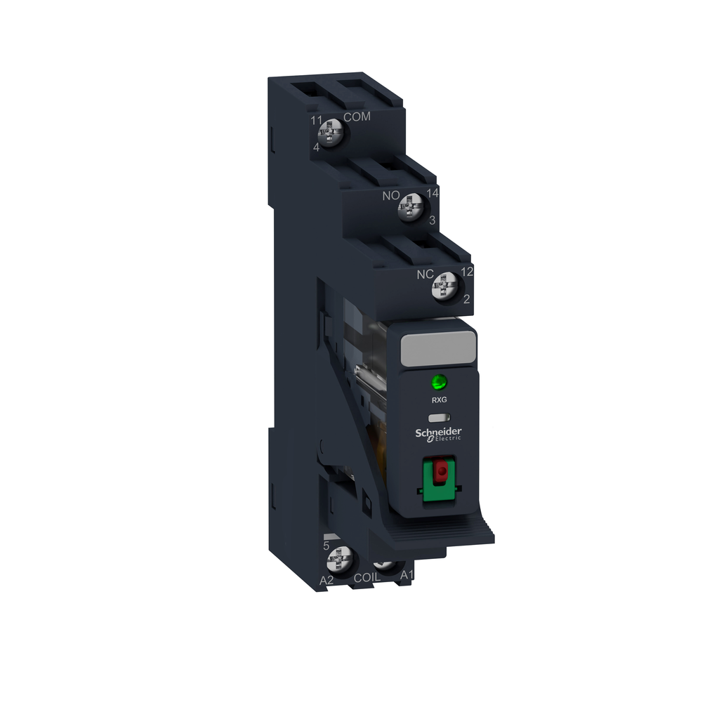 RXG12B7PV – interface plug in relay, Harmony Electromechanical Relays,  pre assembled, 10A, 1CO, with LED, lockable test but to n, 24V AC