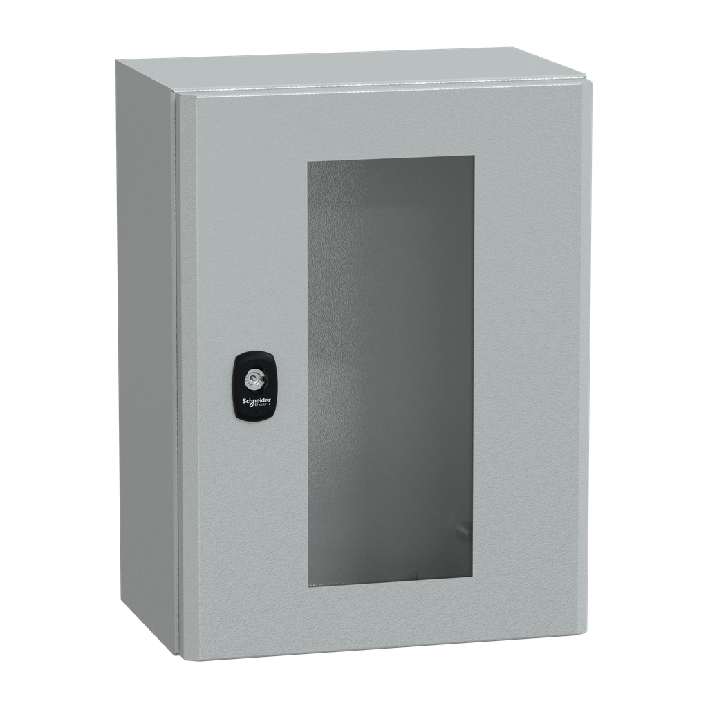 NSYS3D4320T – Wall mounted steel enclosure, PanelSeT S3D, transparent door, without mounting plate, 400x300x200mm, IP66, IK08
