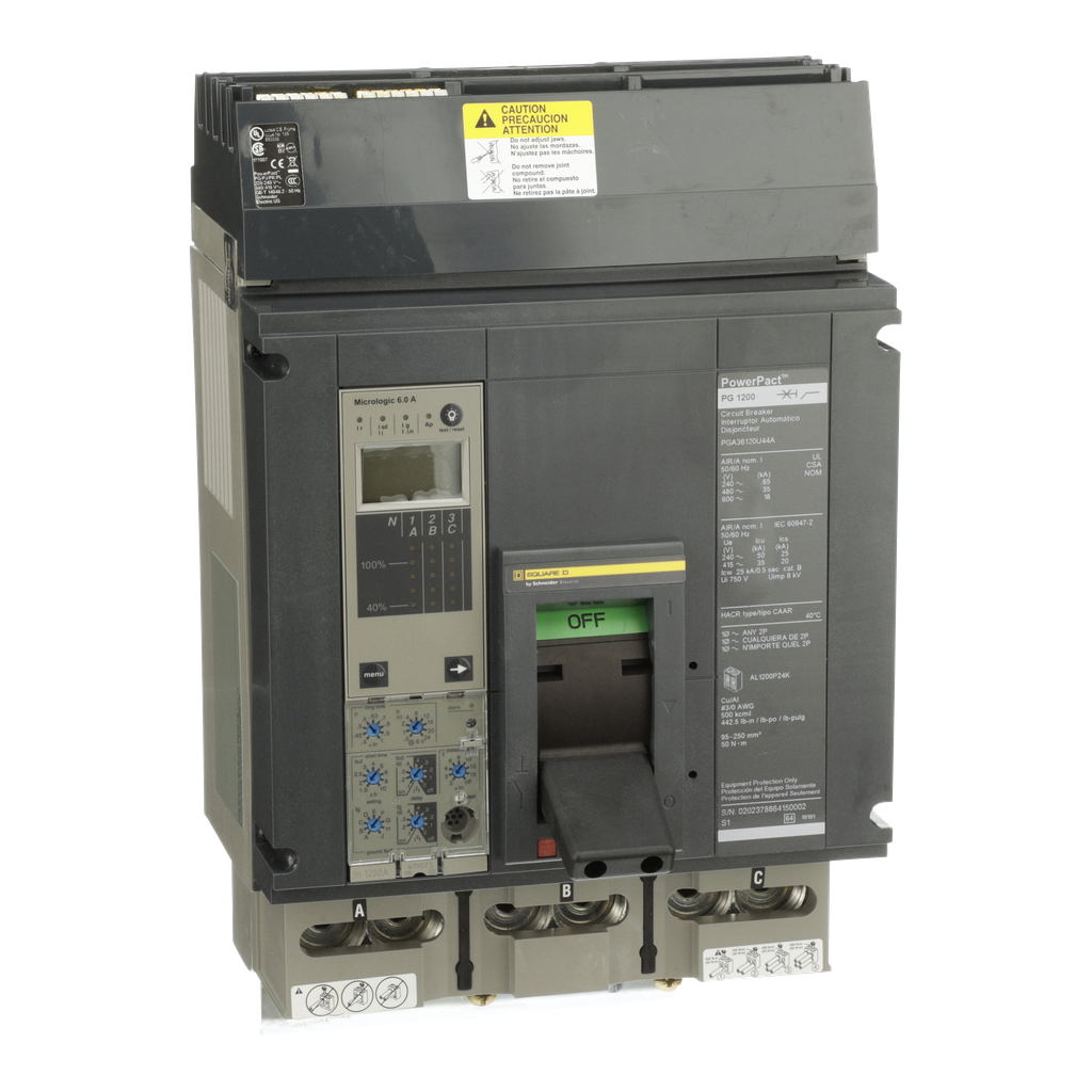 PGA36120U44A – Circuit breaker, PowerPacT P, 1200A, 3 pole, 600VAC, 18kA, I-Line, Micrologic 6.0A, 80%, ABC