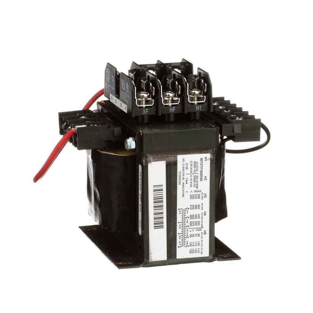 9070TF250D50 – Industrial control transformer, Type TF, 1 phase, 250VA, 240/416/480/600V primary, 99/120/130V secondary, 50/60Hz
