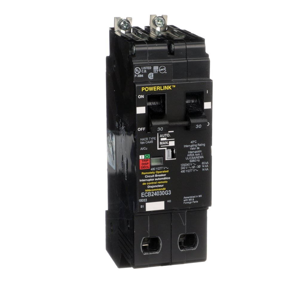 ECB24030G3 – Circuit Breaker, PowerLink™, 30A, 2 pole, 480Y/277VAC, 14kA, remotely operated, bolt on mount