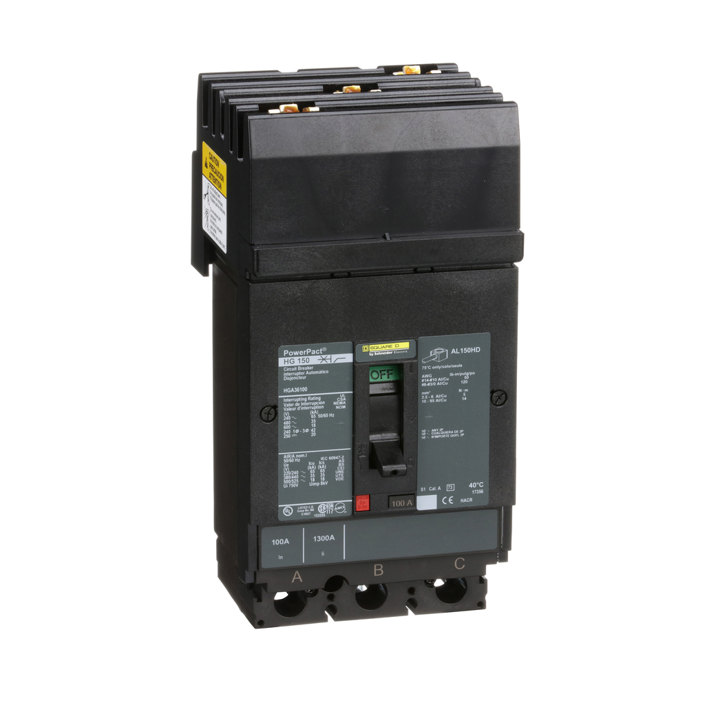 HGA36100 – Circuit breaker, PowerPacT H, 100A, 3 pole, 600VAC, 18kA, I-Line, thermal magnetic, 80%, ABC