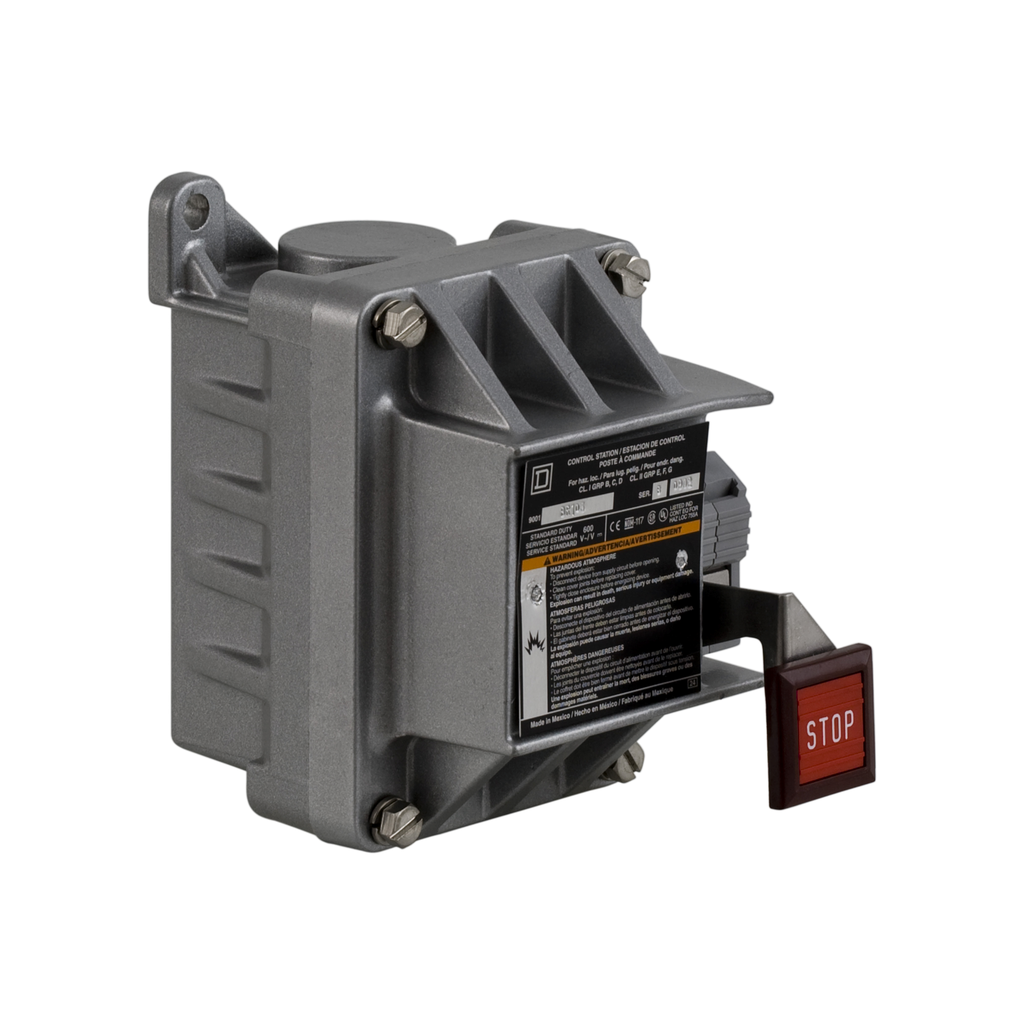 9001BR104 – Complete control station, Harmony 9001B, STOP, Lockout on Stop, 5A, 600V AC, 1NO   1NC, NEMA 7/9