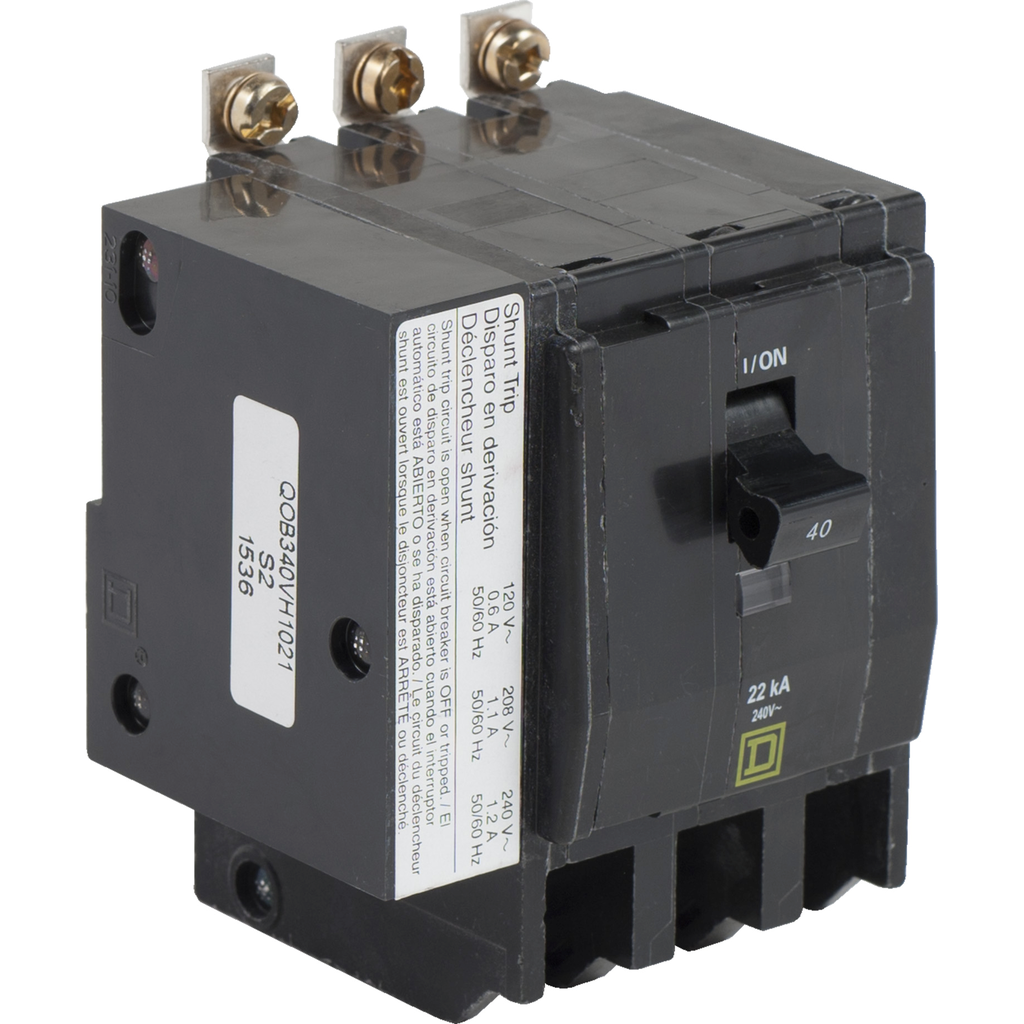 QOB340VH1021 – Mini circuit breaker, QO, 40A, 3 pole, 120/240VAC, 22kA, bolt on, AC shunt
