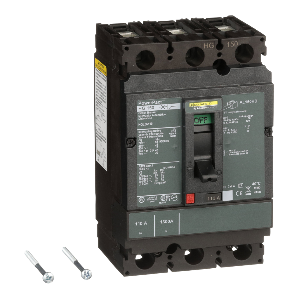 HGL36110 – Circuit breaker, PowerPacT H, 110A, 3 pole, 600VAC, 18kA, lugs, thermal magnetic, 80%