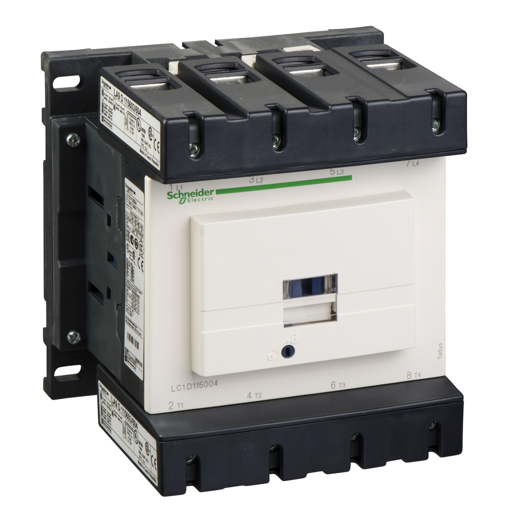 LC1D115004U7 – IEC contactor, TeSys Deca, nonreversing, 200A resistive, 4 pole, 4 NO, 240VAC 50/60Hz coil, open style