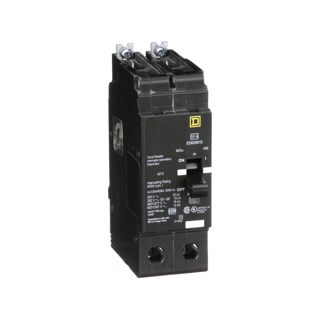EDB26015 – Mini circuit breaker, E-Frame, 15A, 2 pole, 600Y/347VAC, 25kA max, bolt on