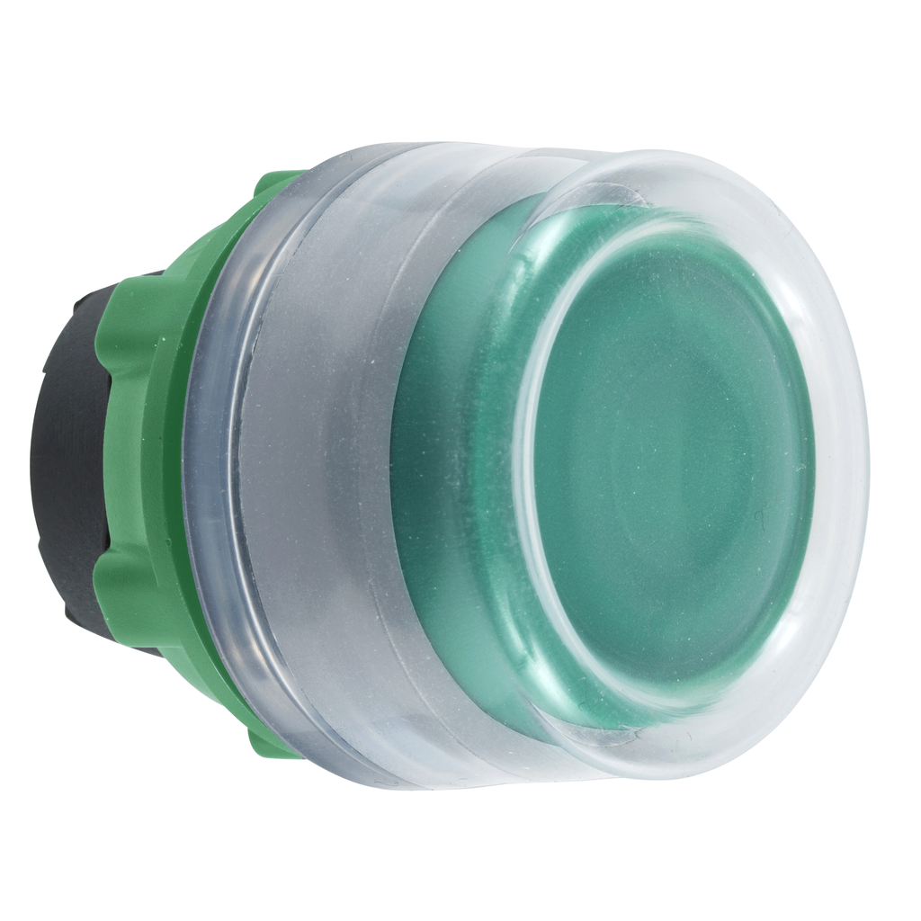 ZB5APA3C0 – Push button head, Harmony XB5, plastic, flush, green, 22mm, spring return, clear boot, unmarked, grey bezel
