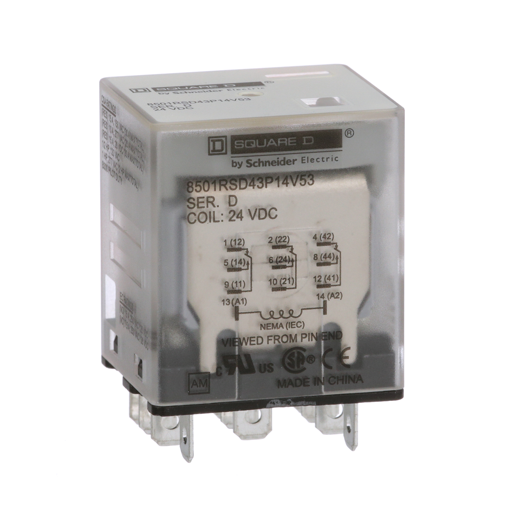 8501RSD43P14V53 – Plug in relay, Type R, miniature, 1 HP at 277 VAC, 15A resistive at 120 VAC, 11 blade, 3PDT, 3 NO, 3 NC, 24 VDC coil