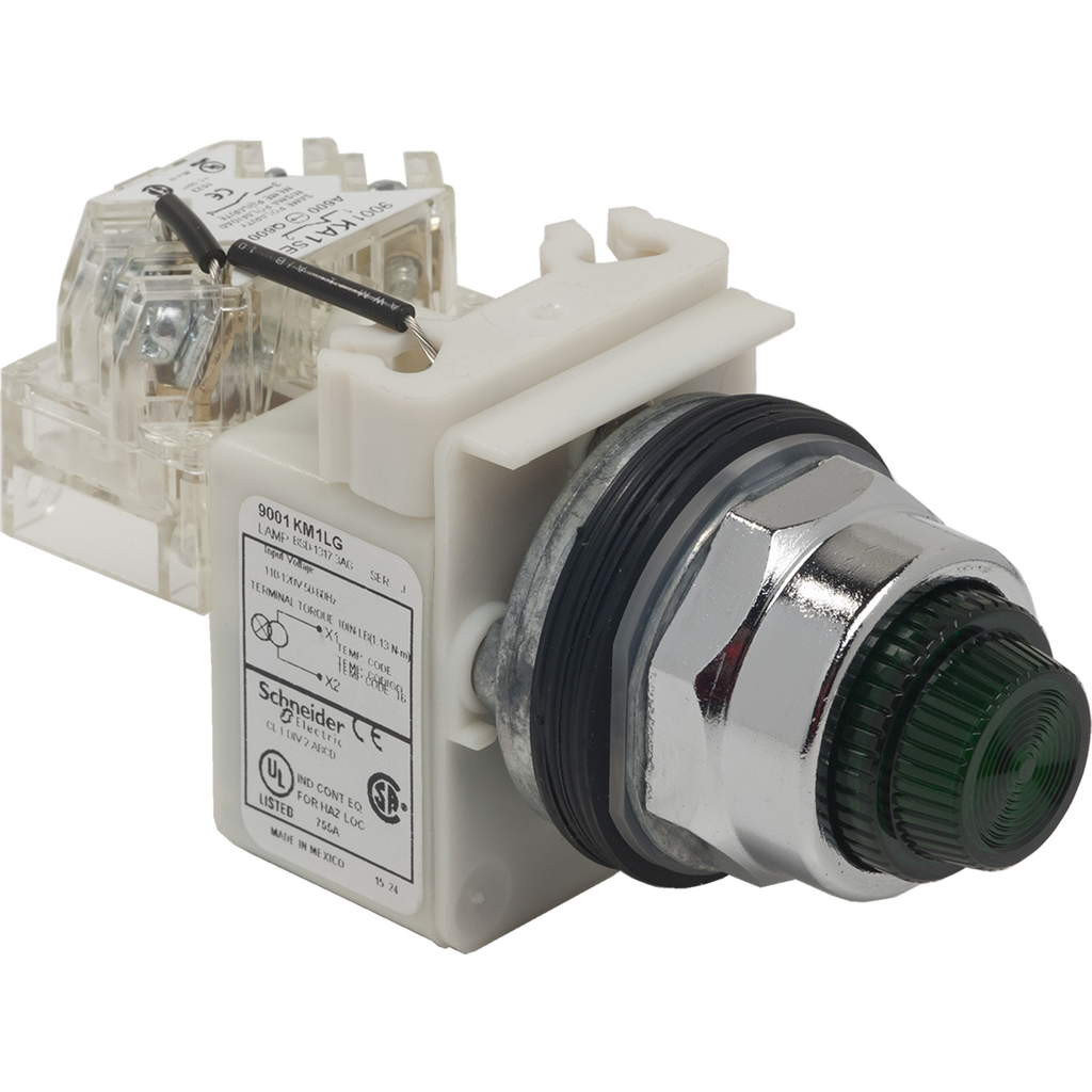 Mayer-DDS-Push-to-test pilot light, Harmony 9001K, metal, polycarbonate, fresnel, green, 30mm, LED green, 110-120V-1