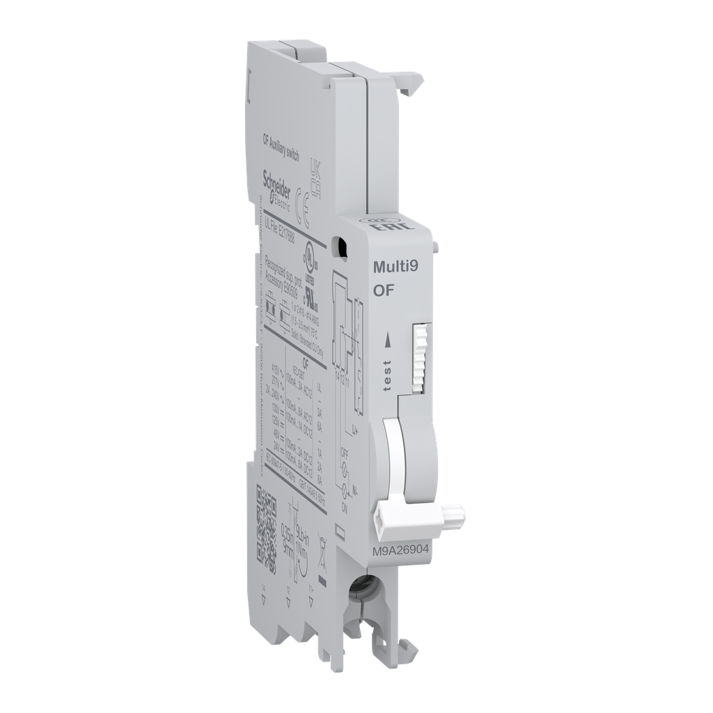 M9A26904 – Auxiliary contact, Multi9 M9A, OF, 1 C/O, 100mA to 6A, 24VAC to 415VAC, 24VDC to 130VDC, bottom connection