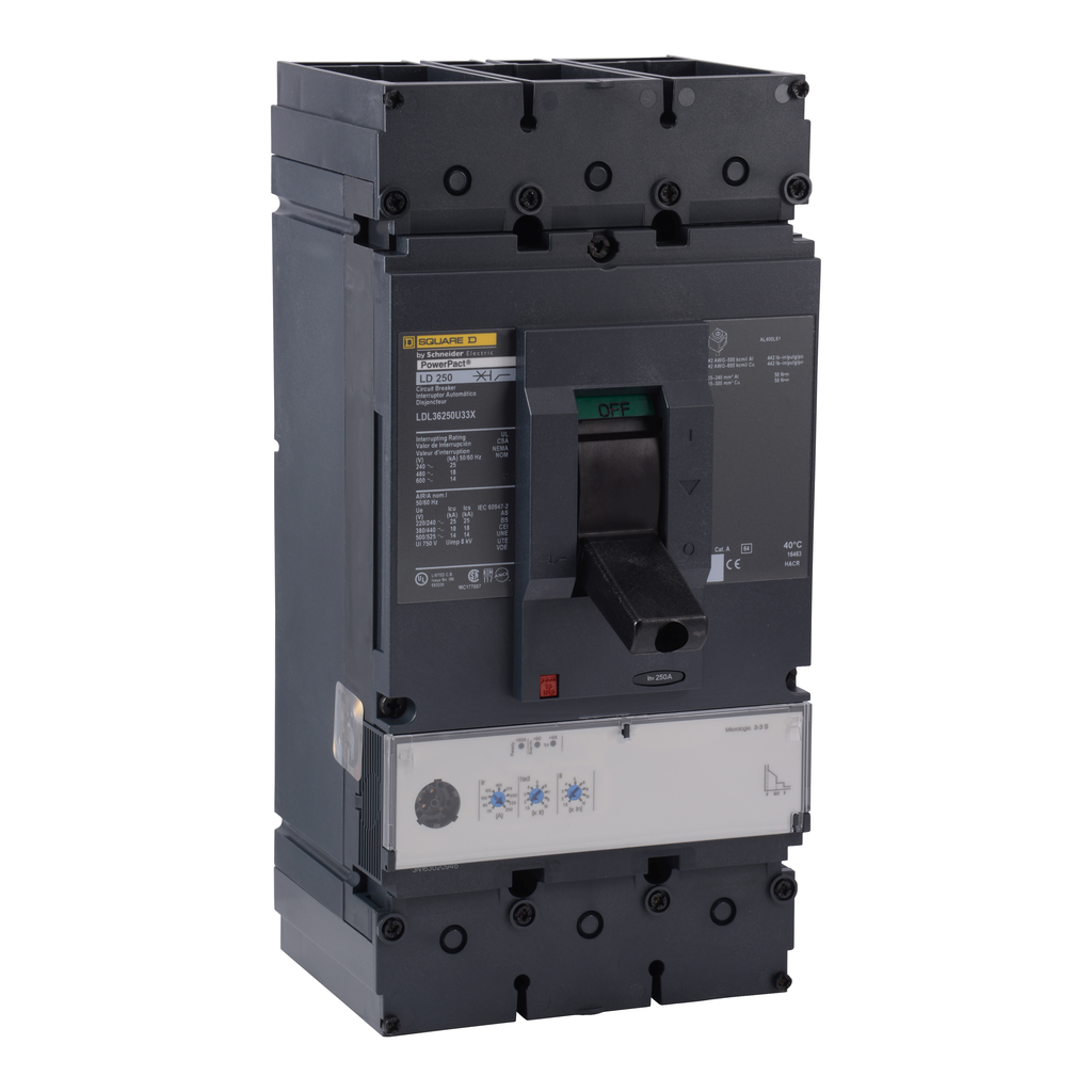 LJL36250U33X – Circuit breaker, PowerPacT L, 250A, 3 pole, 600VAC, 25kA, lugs, MicroLogic 3.3S, 80%