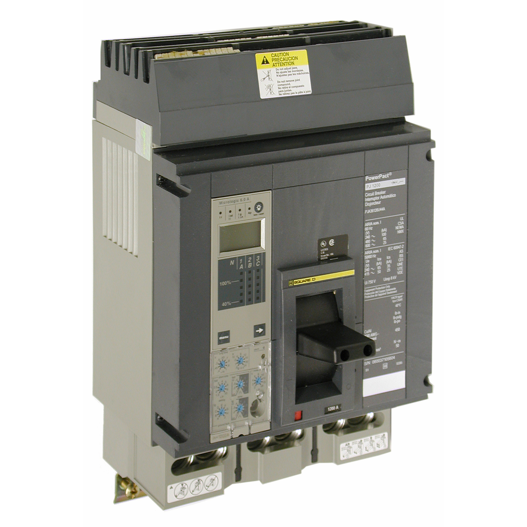 PJA36120U64AE1 – Circuit breaker, PowerPacT P, 1200A, 3 pole, 600VAC, 25kA, I-Line, Micrologic 6.0P, 80%, ABC, modbus