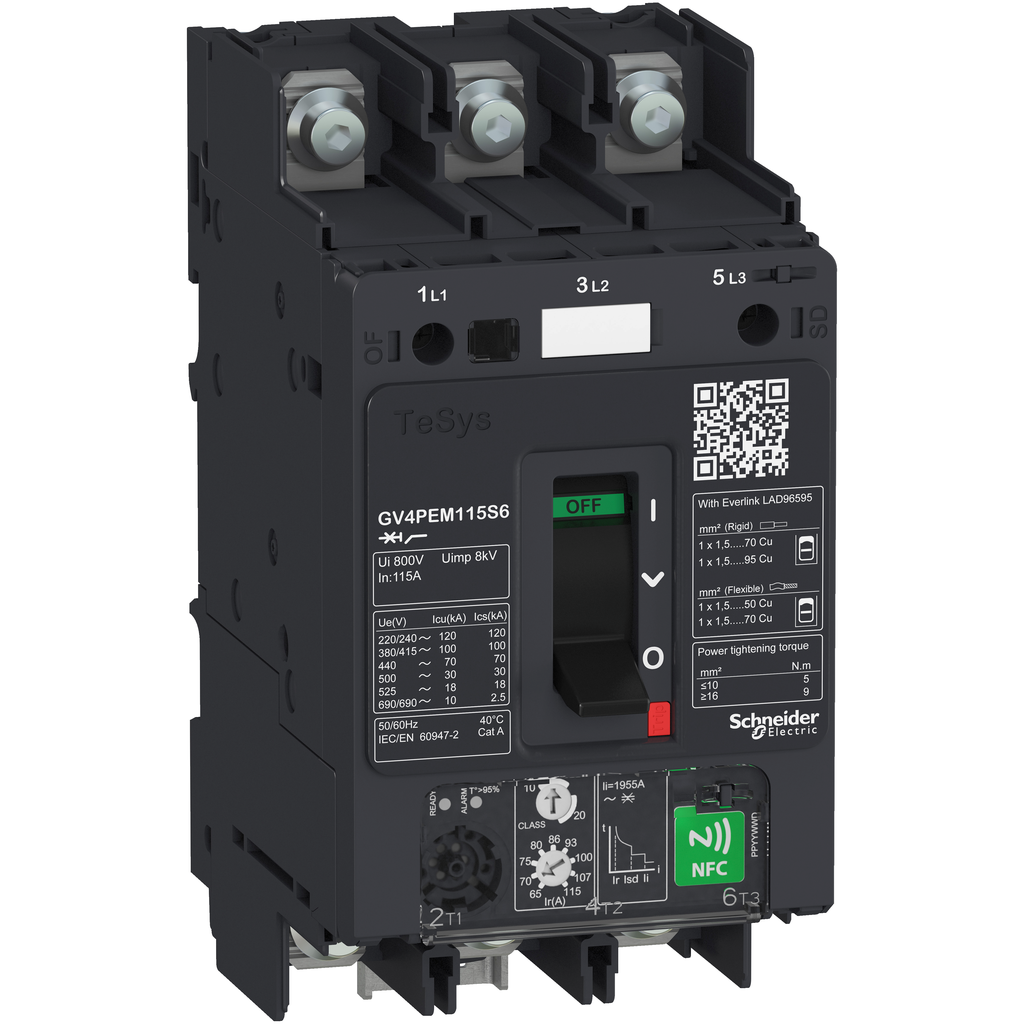 GV4PEM80N6 – Motor circuit breaker, TeSys GV4, 3P, 80A, Icu 50kA, thermal magnetic multifunction, lugs terminals
