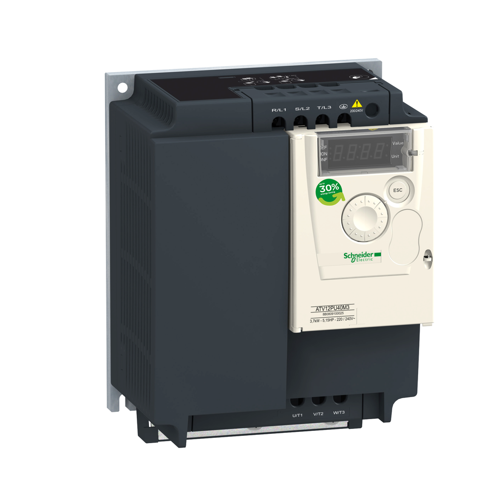 ATV12PU40M3 – variable speed drive, Altivar 12, 4kW, 5hp, 3 phases, 200 to 240V, on base plate