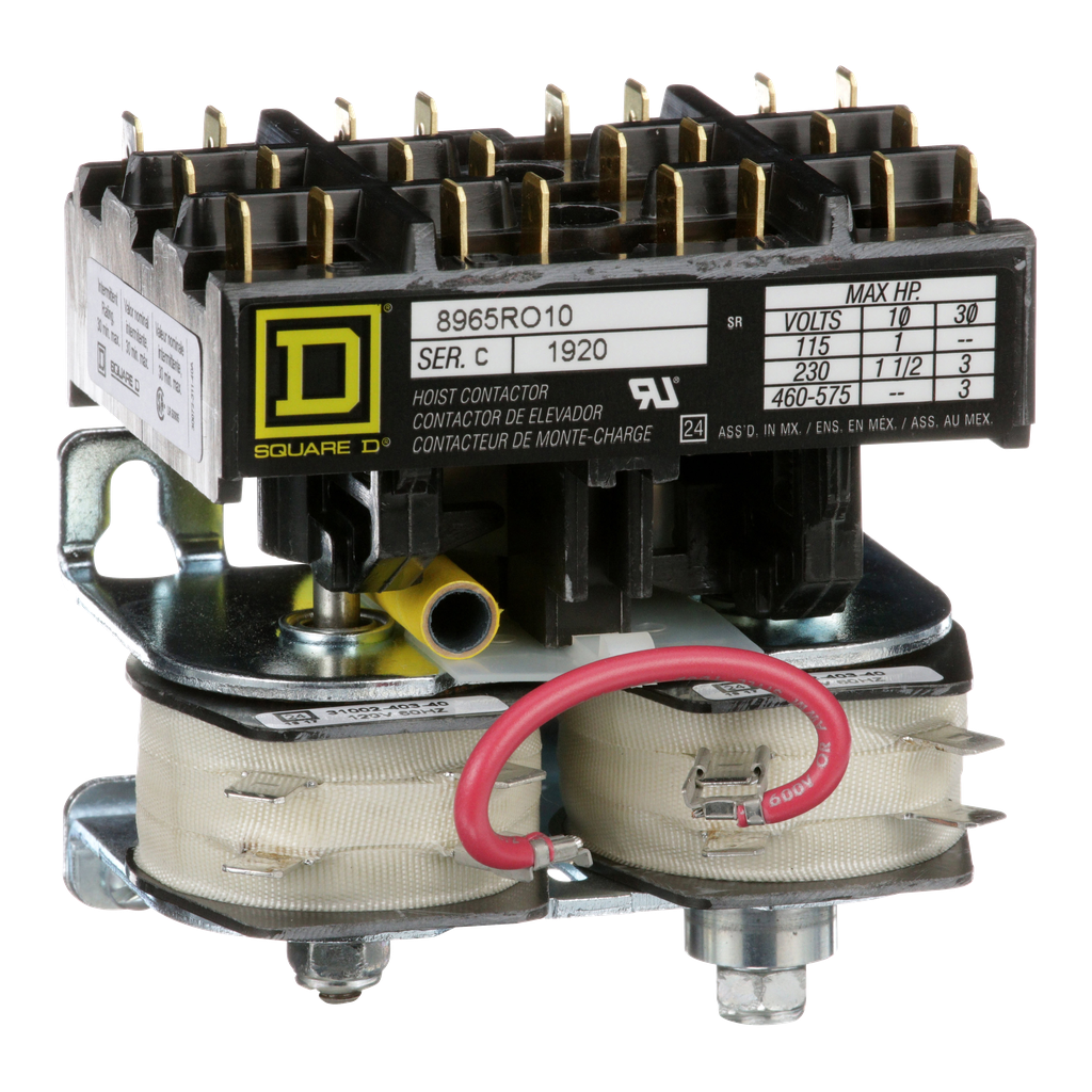 8965RO10V02Y181 – Contactor, 8965RO, hoist, reversing, 3hp at 480VAC, 3 phase, 120VAC coil, quick connect terminals, open style, bulk pack