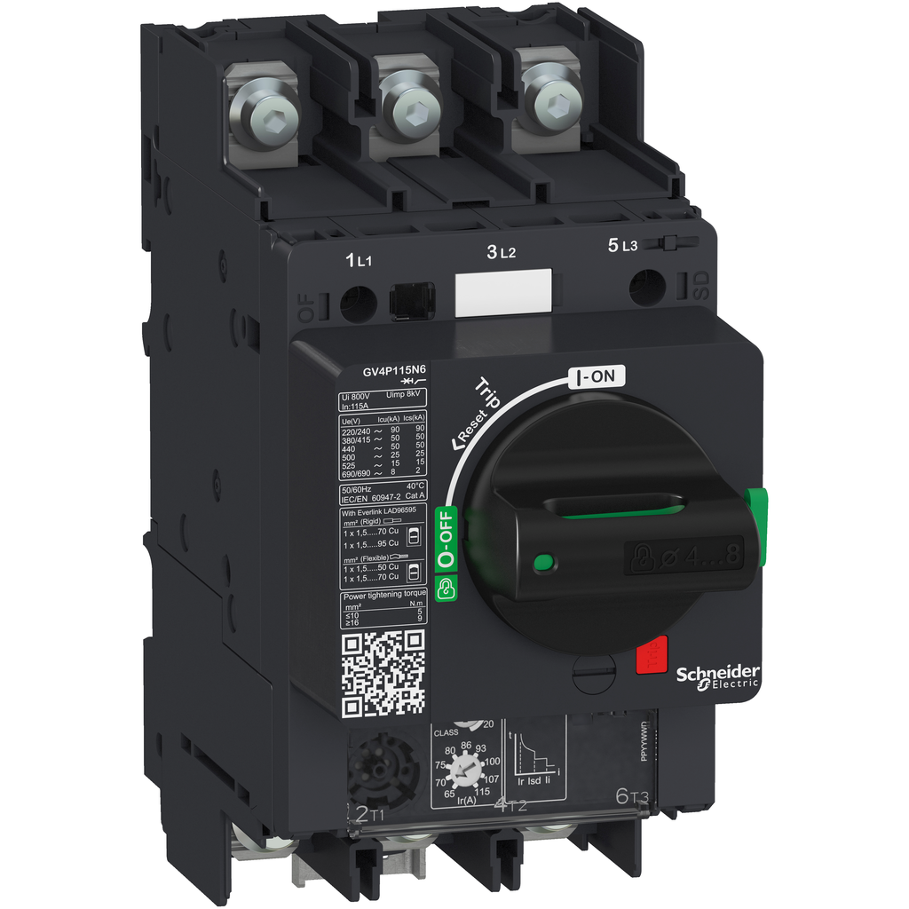 GV4P115N6 – Motor circuit breaker, TeSys GV4, 3P, 115A, Icu 50kA, thermal magnetic, lugs terminals