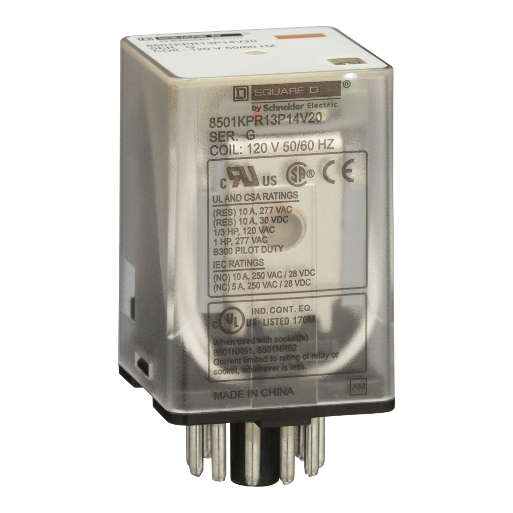 8501KPR13P14V20 – Plug in relay, Type KP, tubular, 1 HP at 277 VAC, 10A resistive at 120 VAC, 11 pin, 3PDT, 3 NO, 3 NC, 120 VAC coil
