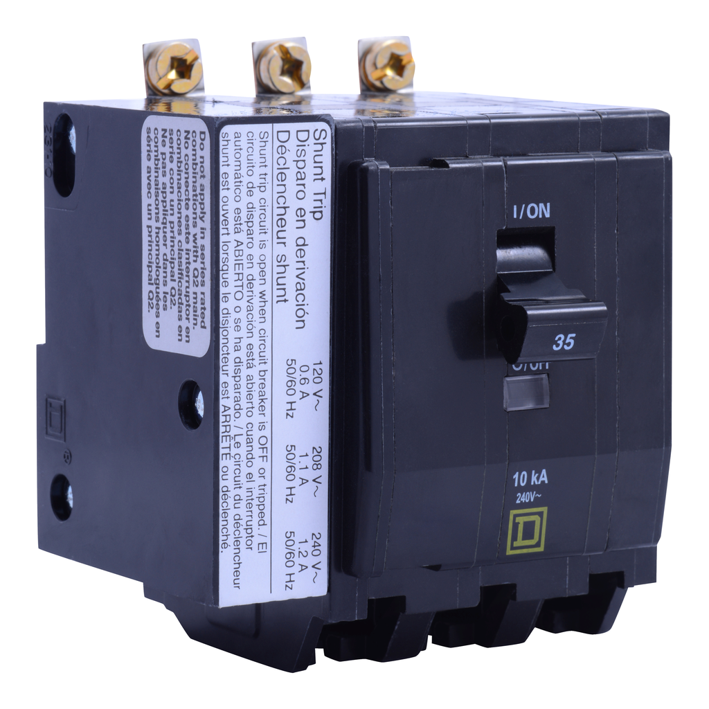 QOB3451021 – Mini circuit breaker, QO, 45A, 3 pole, 120/240VAC, 10kA, bolt on, AC shunt