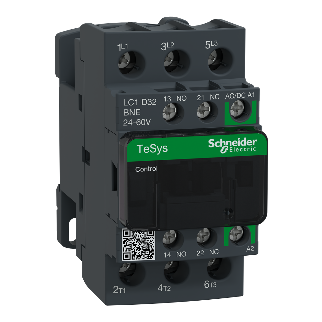 LC1D32BNE – IEC contactor, TeSys Deca Green, nonreversing, 32A, 20HP at 480VAC, up to 100kA SCCR, 3 phase, 3 NO, 24/60VAC/VDC coil, open