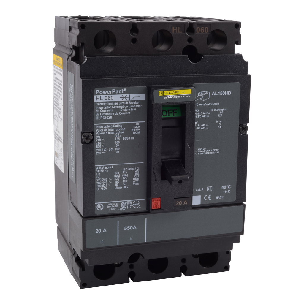 HLP36080 – Circuit breaker, PowerPacT H, 80A, 3 pole, 600VAC, 50kA, lugs, thermal magnetic, 80%