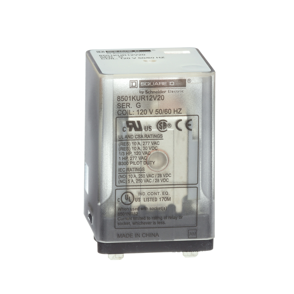 8501KUR12V20 – Plug in relay, Type KU, blade, 0.5 HP at 240 VAC, 10A resistive at 120 VAC, 8 blade, DPDT, 2 NO, 2 NC, 120 VAC coil