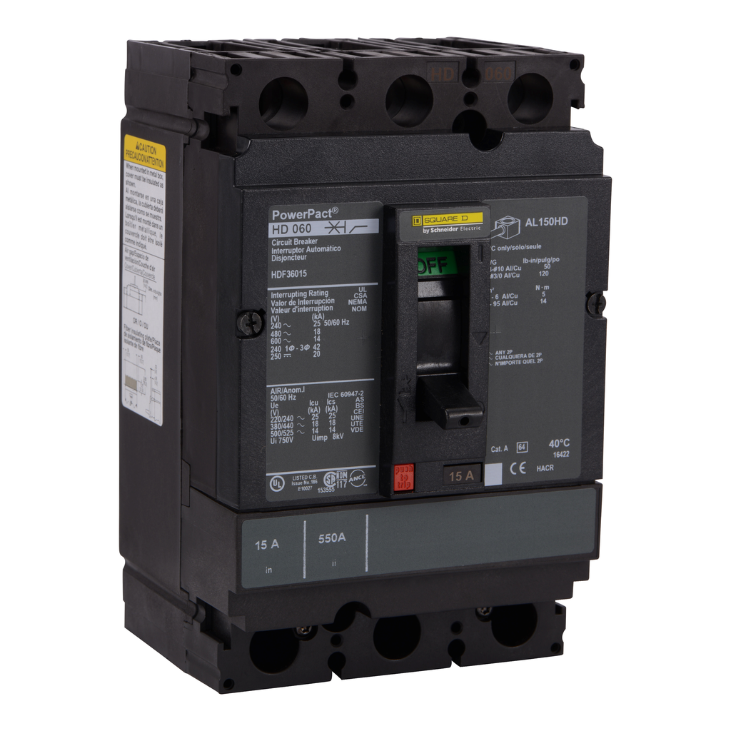 HDF36020 – Circuit breaker, PowerPacT H, 20A, 3 pole, 600VAC, 14kA, busbar, thermal magnetic, 80%