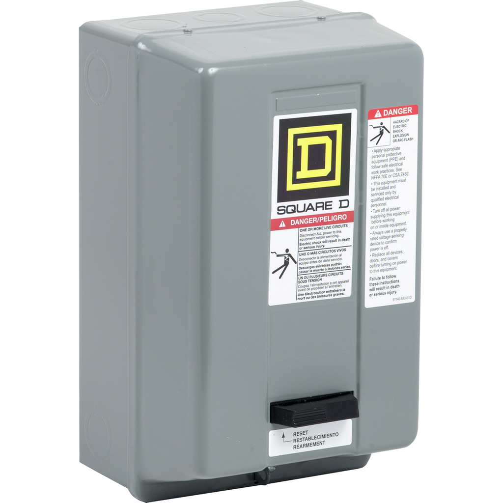 8536SCG1V02 – NEMA Motor Starter, Type S, nonreversing, Size 1, 27A, 3 HP at 230 VAC, 5 kA SCCR, 1 phase, 2 pole, melting alloy, 120 VAC coil, NEMA 1