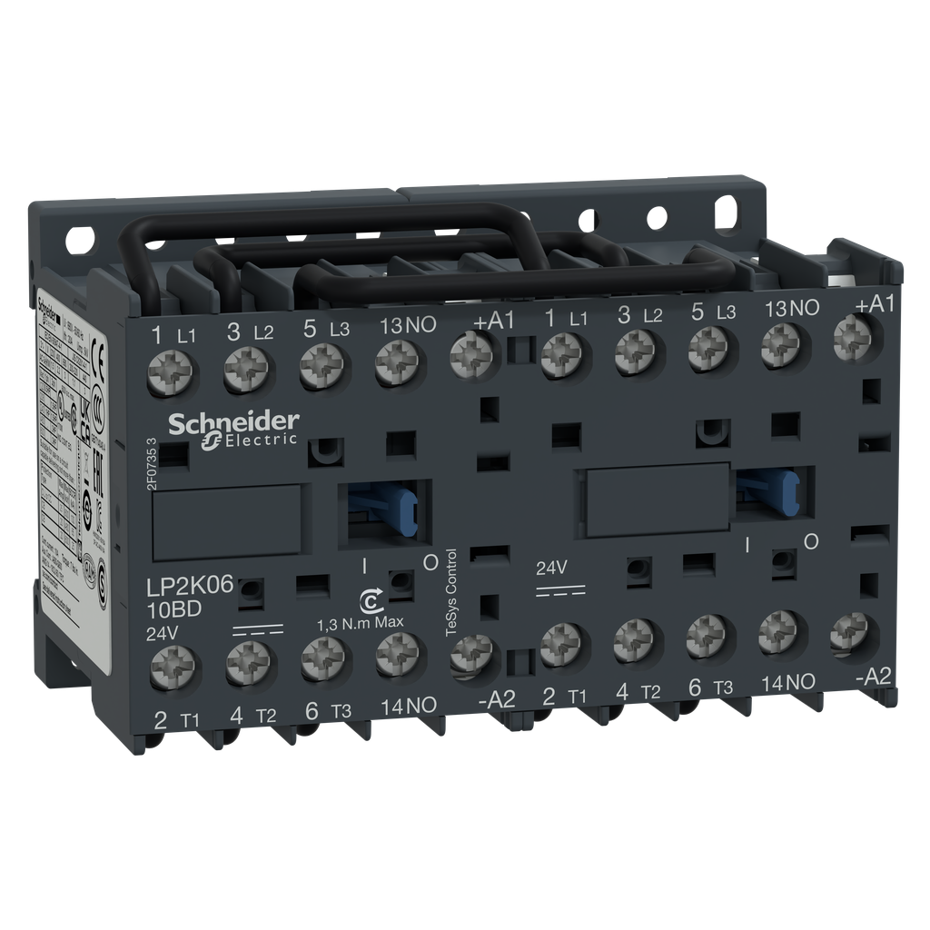 LP2K0610BD – Reversing contactor, TeSys K, 3P, AC-3, lt or eq to 440V 6A, 1 NO, 24VDC coil