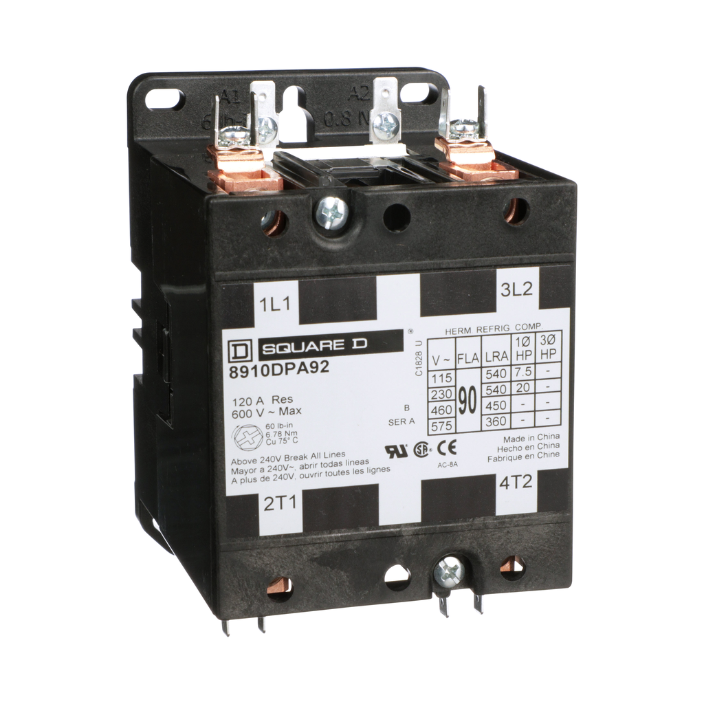 8910DPA92V09 – Contactor, Definite Purpose, 90A, 2 pole, 20 HP at 230 VAC, 1 phase, 208/240 VAC 60 Hz 220 VAC 50 Hz coil, open
