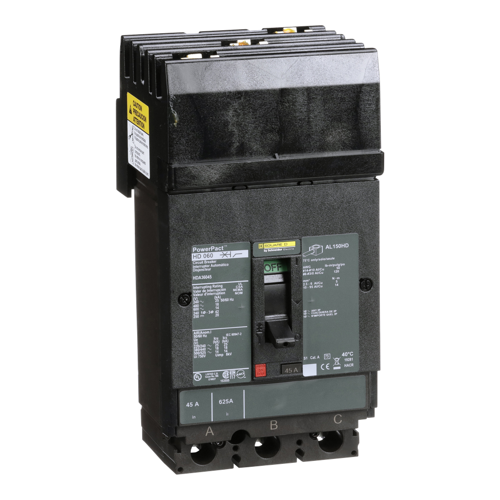 HDA36045 – Circuit breaker, PowerPacT H, 45A, 3 pole, 600VAC, 14kA, I-Line, thermal magnetic, 80%, ABC