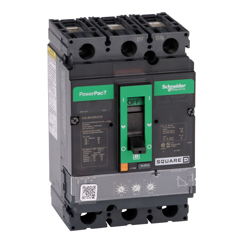 HJL36150U31X – Circuit breaker, PowerPacT H, 150A, 3 pole, 600VAC, 25kA, lugs, Micrologic 3.2, 80%