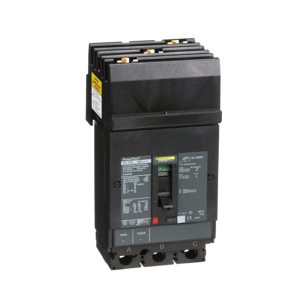 HJA36100 – Circuit breaker, PowerPacT H, 100A, 3 pole, 600VAC, 25kA, I-Line, thermal magnetic, 80%, ABC