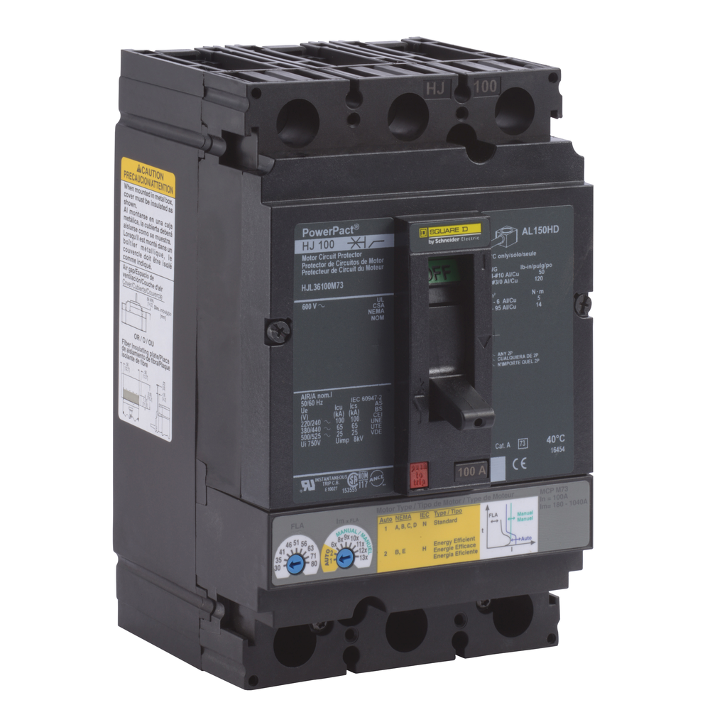 HJL36100M73 – Motor circuit protector, PowerPacT H, 100A, 3 pole, 600VAC, 25kA, lugs, thermal magnetic, 80%