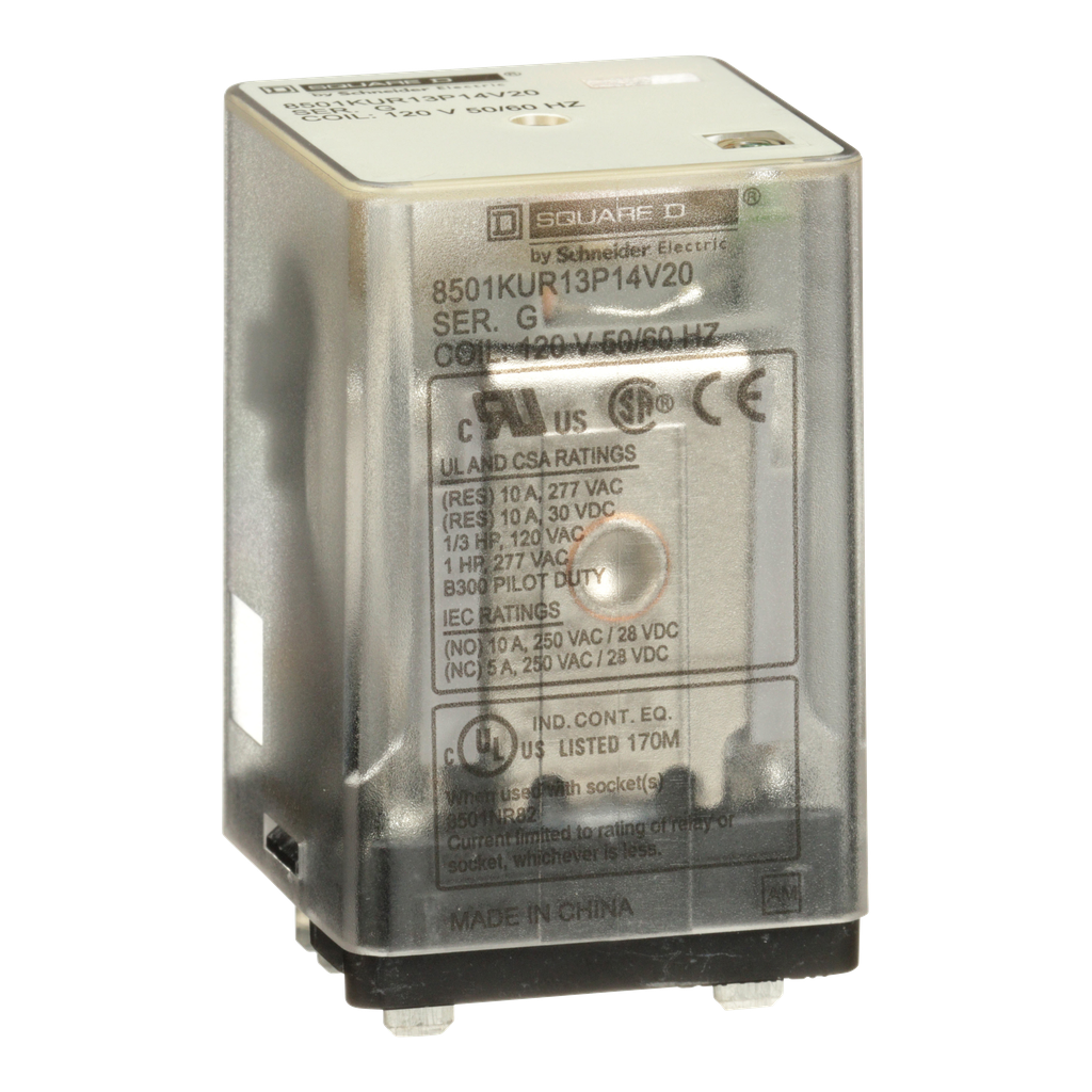 8501KUR13P14V20 – Relay, Harmony 8501K, 3PDT, 11 blades, LED, coil, 10A resistive at 120V AC, 120V AC, 0.5 HP at 240V AC, 3NO   3NC